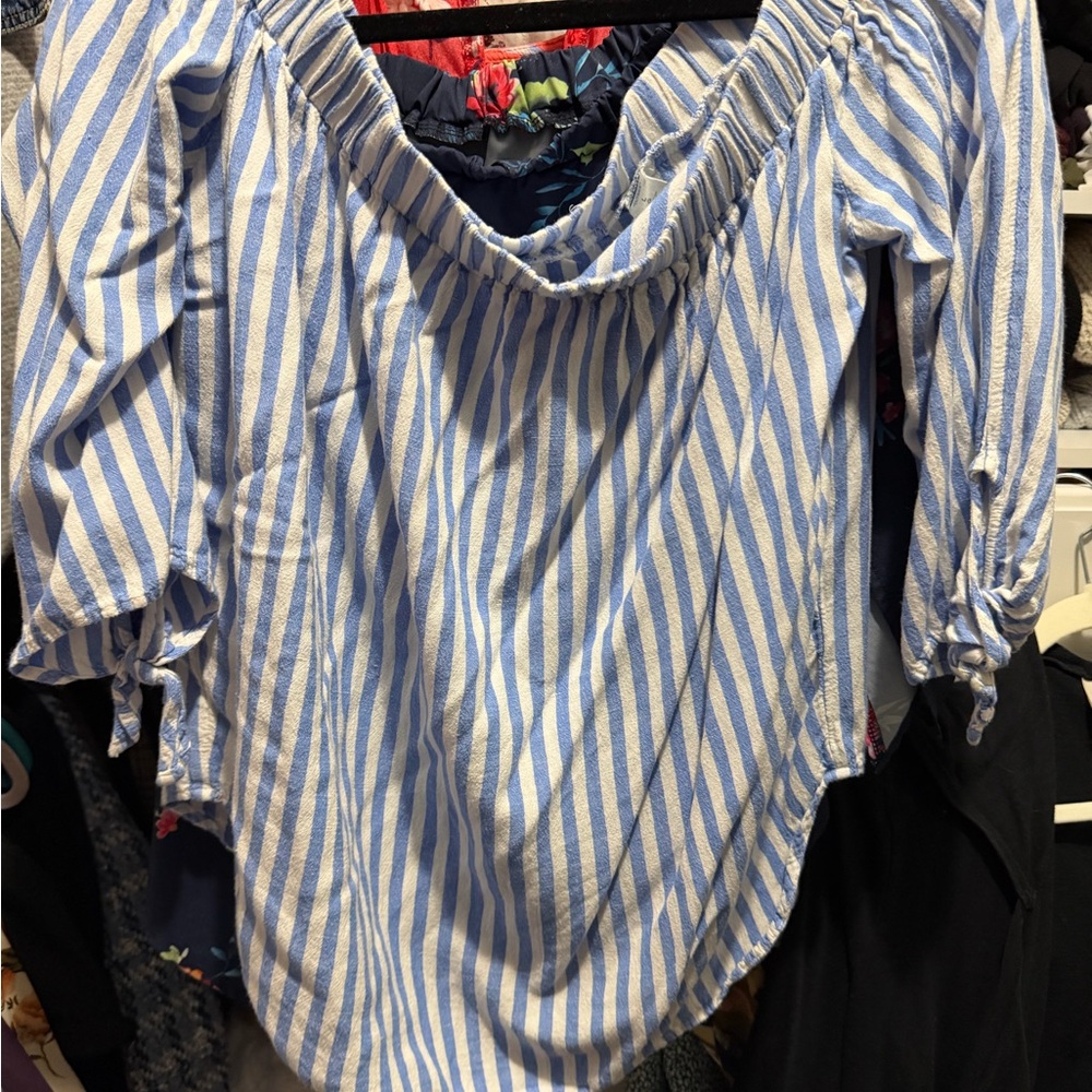 Old Navy Blue and White Striped Off-Shoulder Blouse